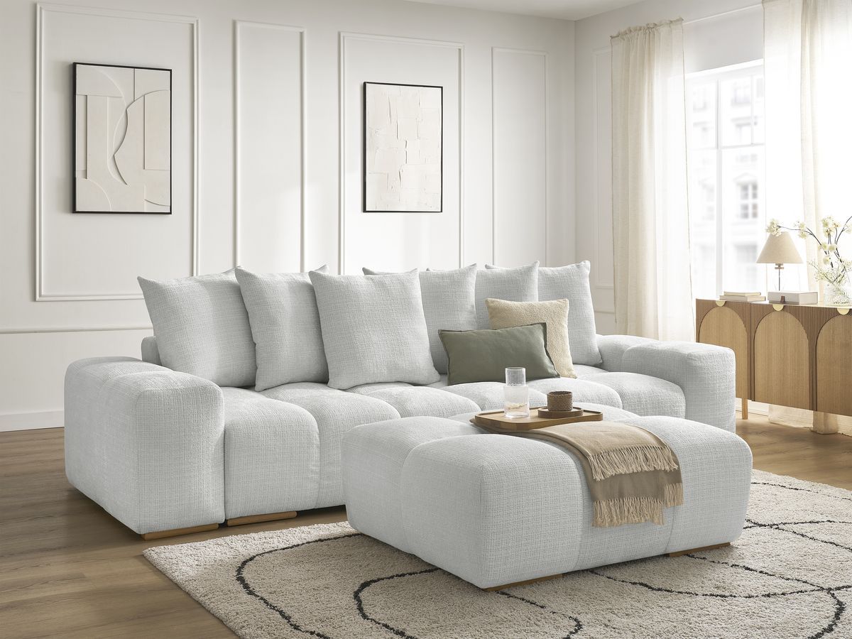 Canapé droit convertible coffre ANAKIN tissu texturé avec pouf