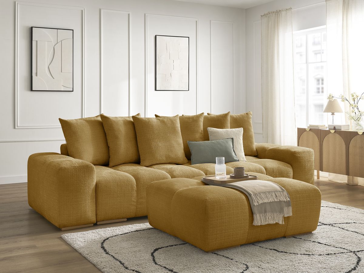 Canapé droit convertible coffre ANAKIN tissu texturé avec pouf
