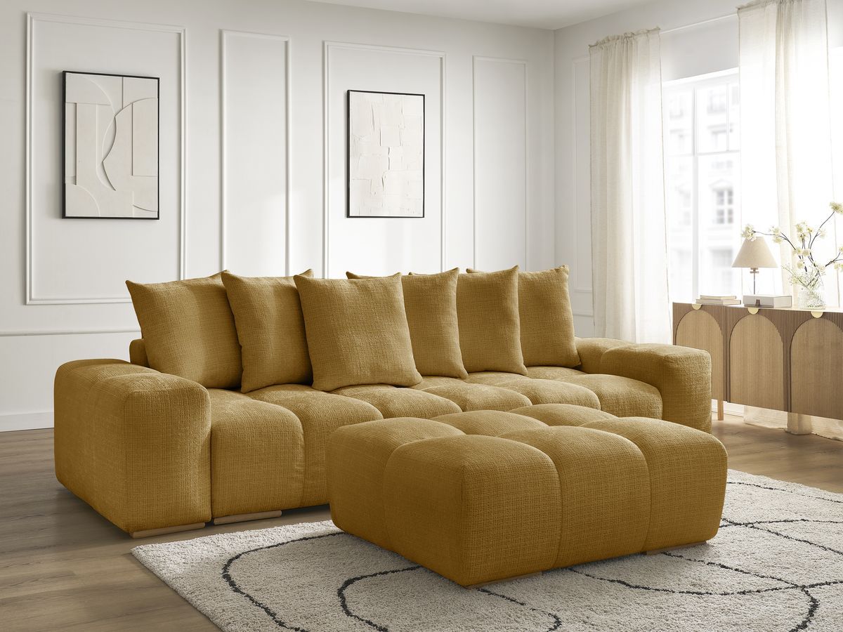 Canapé droit convertible coffre ANAKIN tissu texturé avec pouf