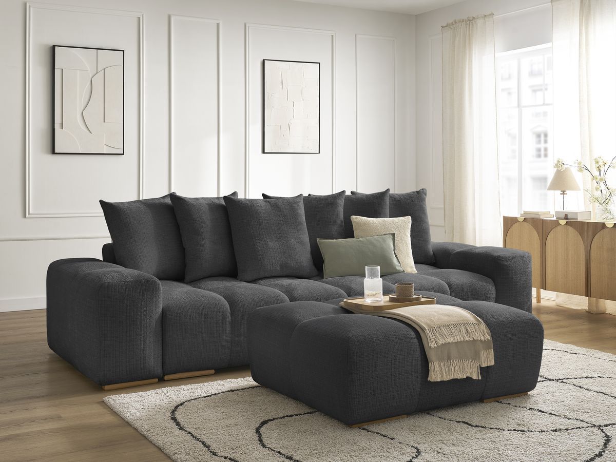 Canapé droit convertible coffre ANAKIN tissu texturé avec pouf
