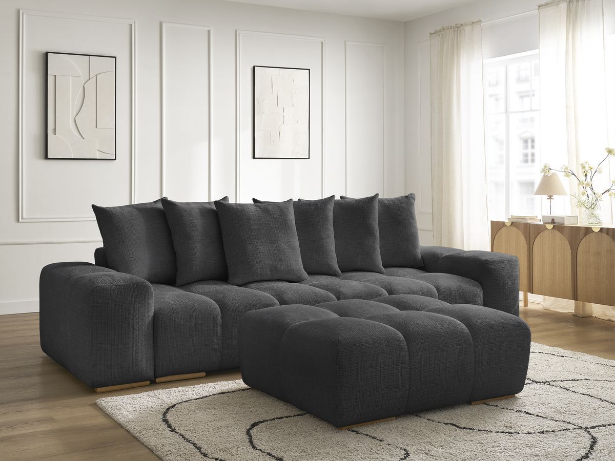 Canapé droit convertible coffre ANAKIN tissu texturé avec pouf
