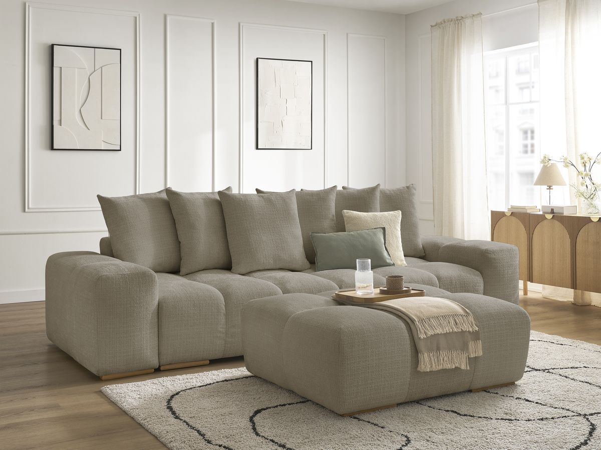 Canapé droit convertible coffre ANAKIN tissu texturé avec pouf