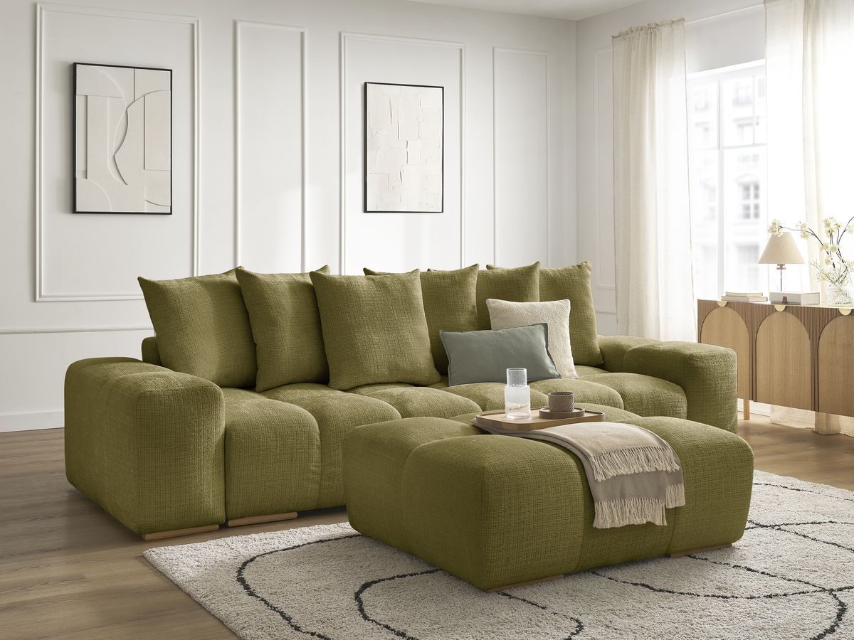 Canapé droit convertible coffre ANAKIN tissu texturé avec pouf