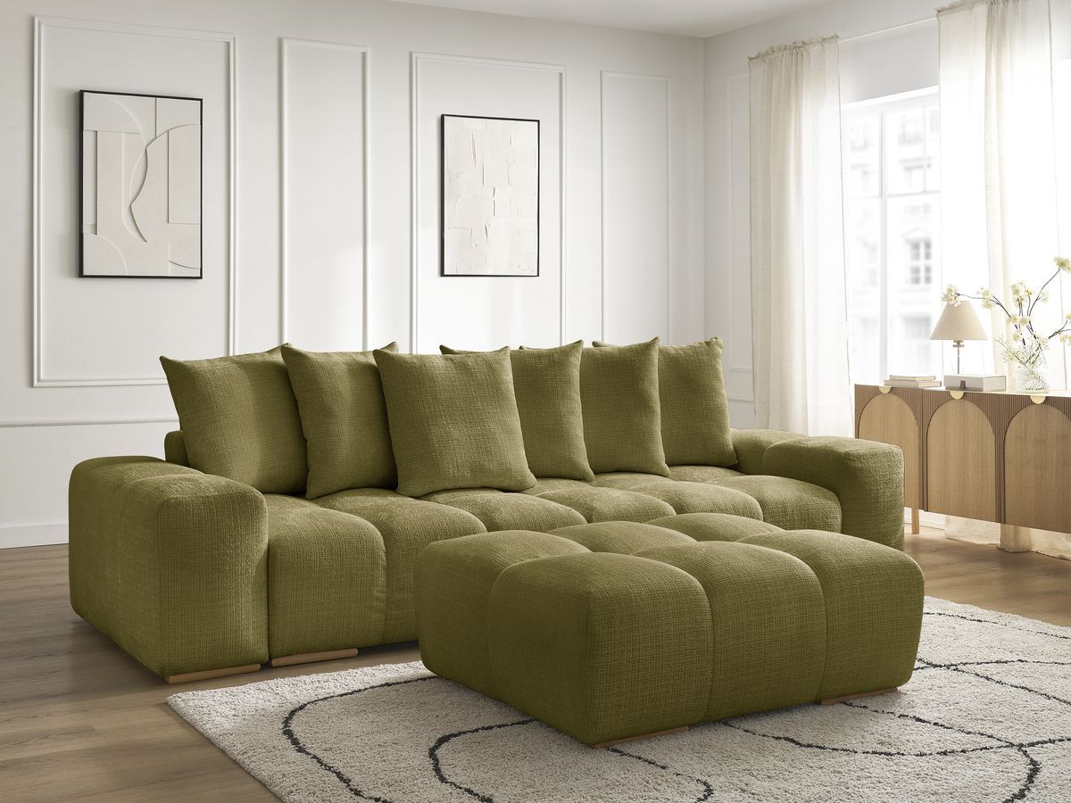 Canapé droit convertible coffre ANAKIN tissu texturé avec pouf