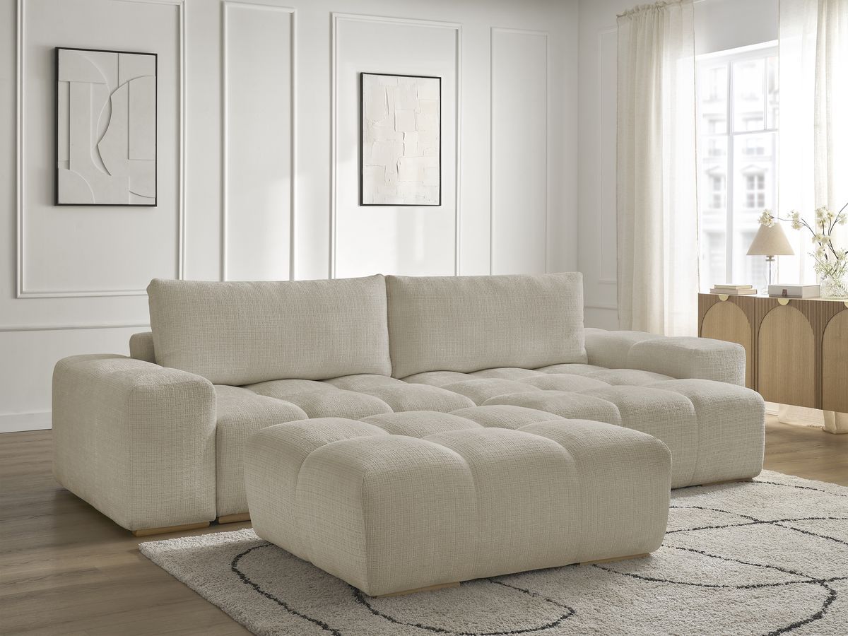 Canapé d'angle réversible convertible coffre ANAKIN texturé avec pouf beige — vue 6