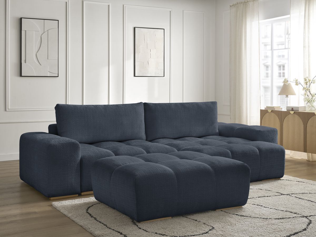 Canapé d'angle réversible convertible coffre ANAKIN texturé avec pouf bleu foncé — vue 6