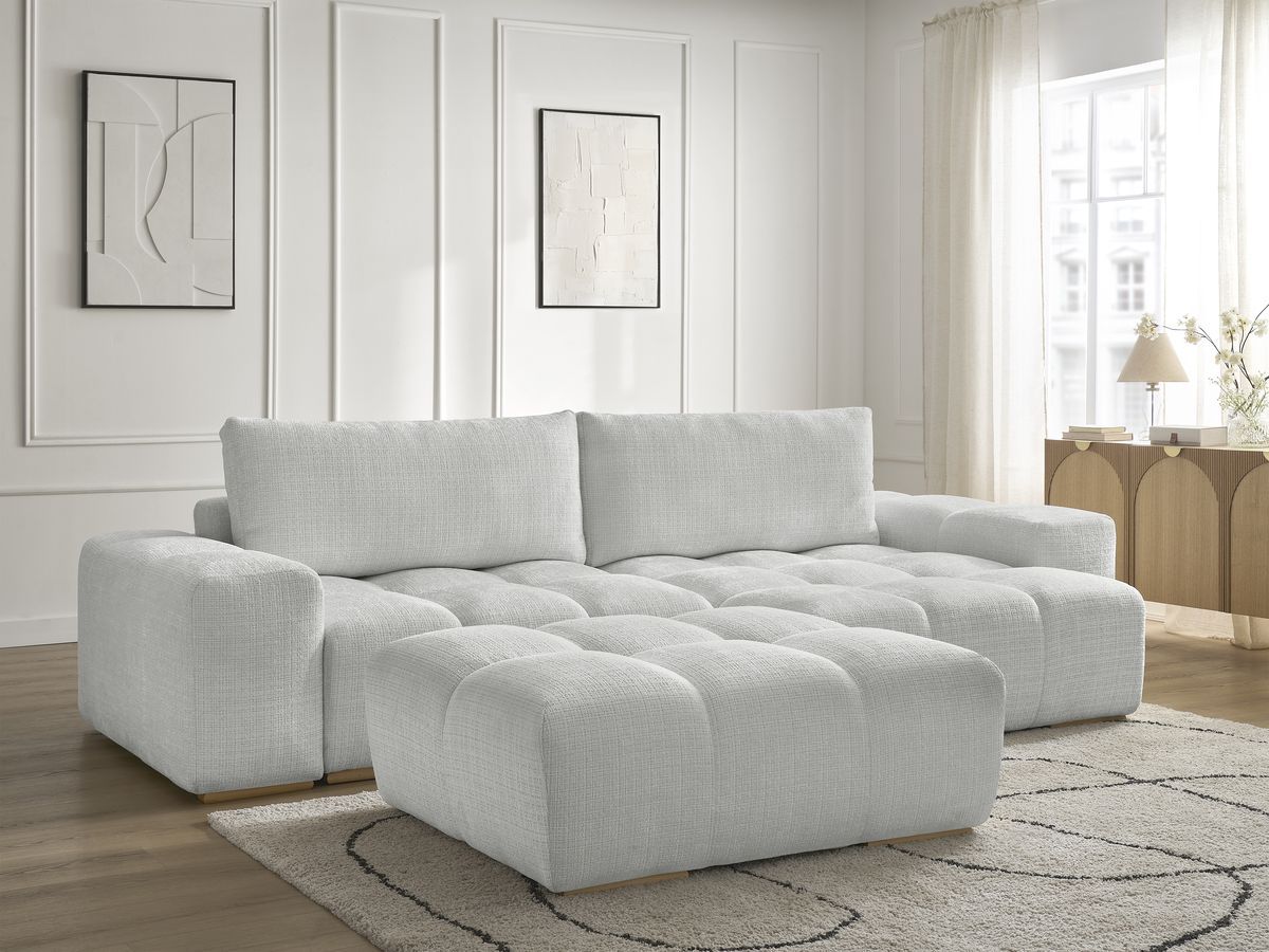 Canapé d'angle réversible convertible coffre ANAKIN texturé avec pouf gris clair — vue 6