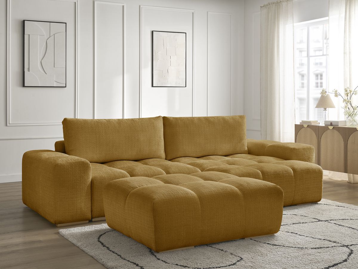 Canapé d'angle réversible convertible coffre ANAKIN texturé avec pouf jaune — vue 6