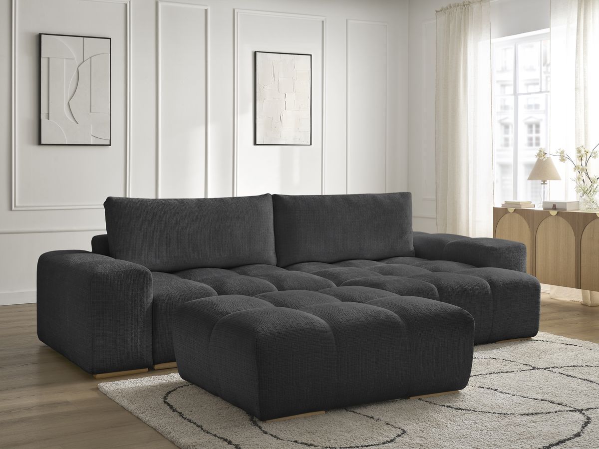 Canapé d'angle réversible convertible coffre ANAKIN texturé avec pouf noir — vue 6
