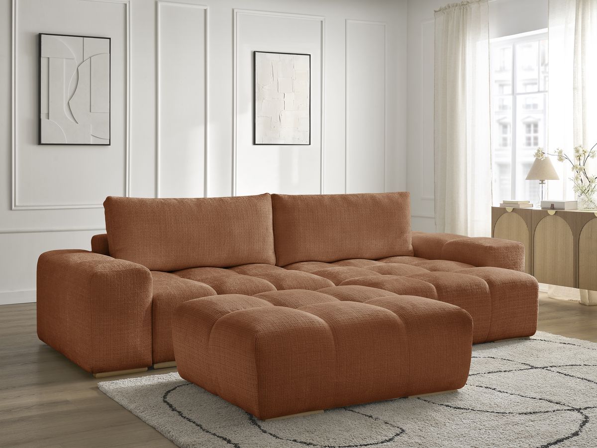 Canapé d'angle réversible convertible coffre ANAKIN texturé avec pouf orange — vue 6
