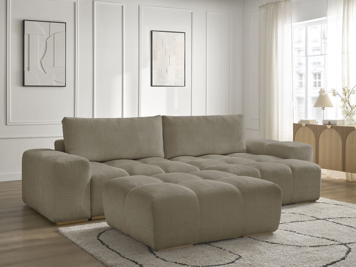 Canapé d'angle réversible convertible coffre ANAKIN texturé avec pouf taupe — vue 6