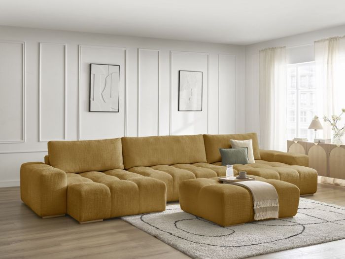 Canapé panoramique convertible coffre ANAKIN tissu texturé avec pouf