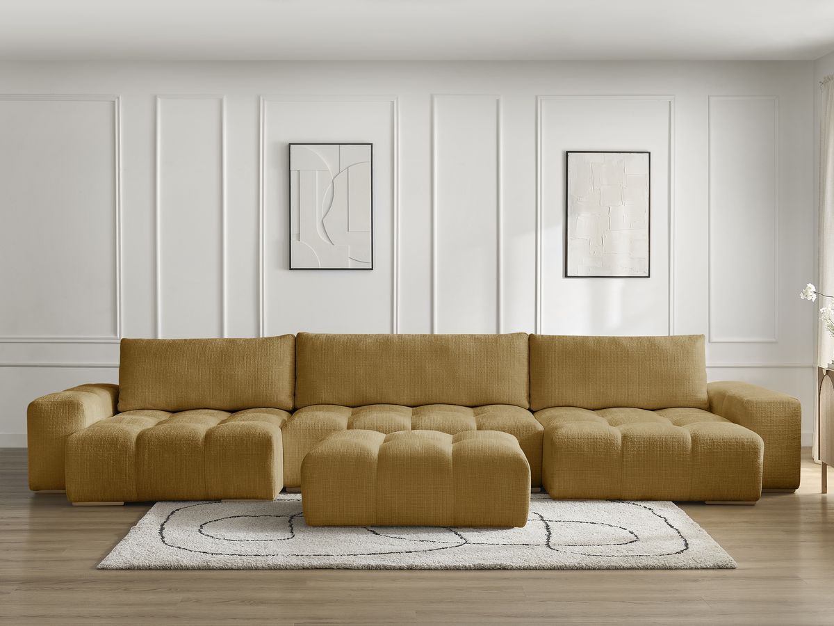 Canapé panoramique convertible coffre ANAKIN texturé avec pouf jaune — vue 5