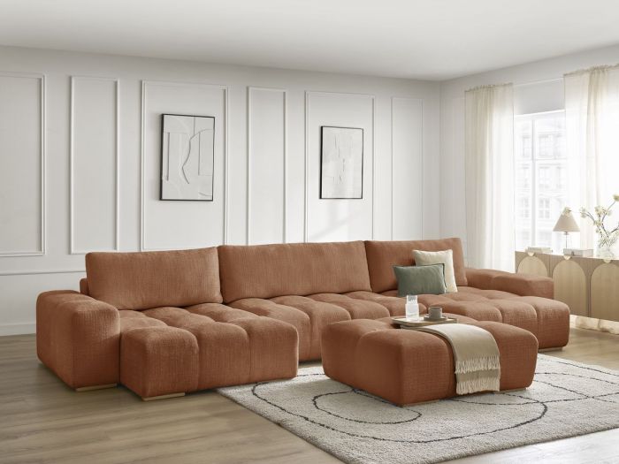 Canapé panoramique convertible coffre ANAKIN tissu texturé avec pouf