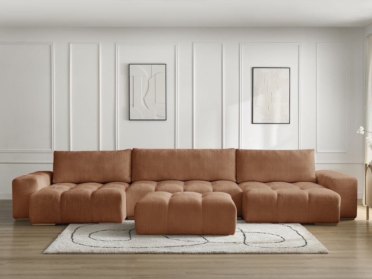 Canapé panoramique convertible coffre ANAKIN texturé avec pouf orange — vue 5