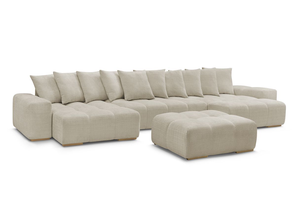 anakin panoramische slaapbank met opbergruimte in structuurstof en poef gekleurd beige