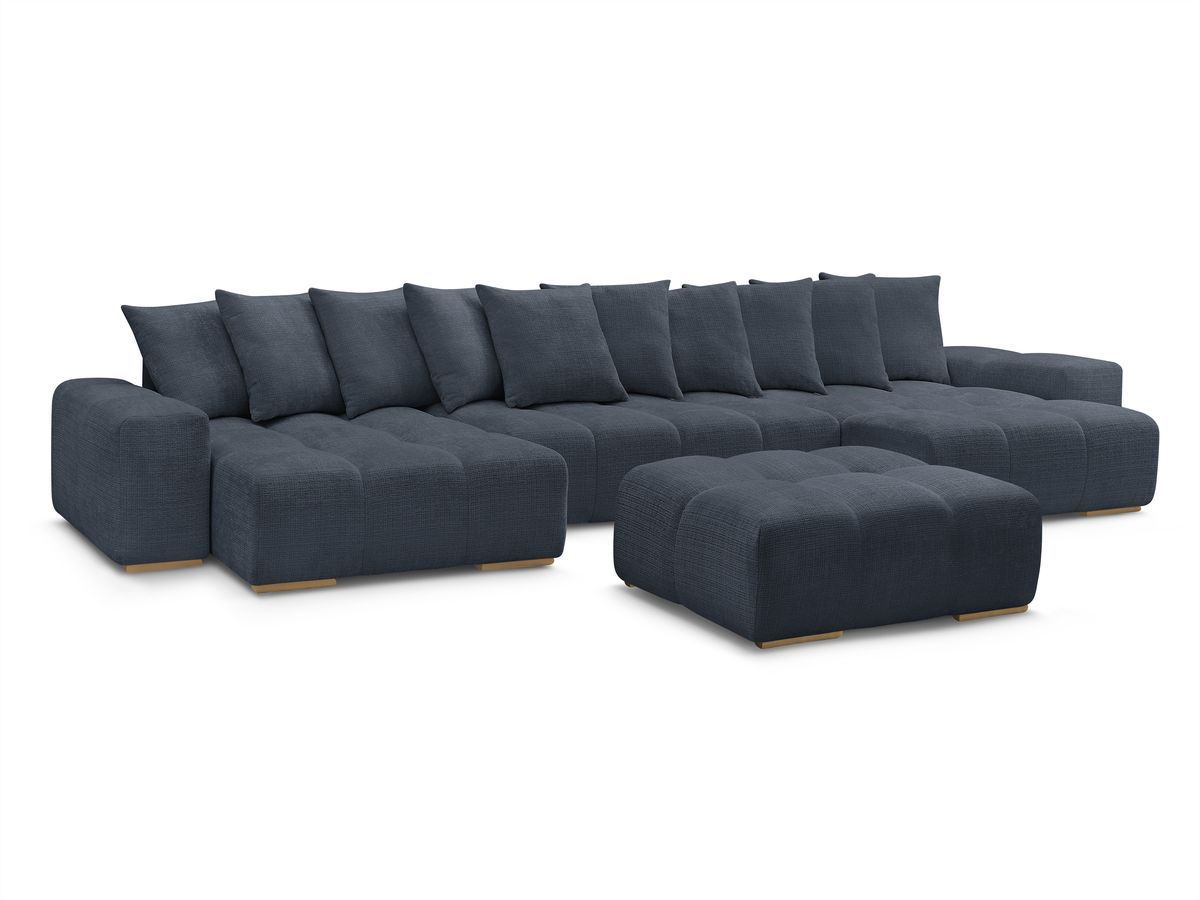 anakin panoramische slaapbank met opbergruimte in structuurstof en poef gekleurd donkerblauw