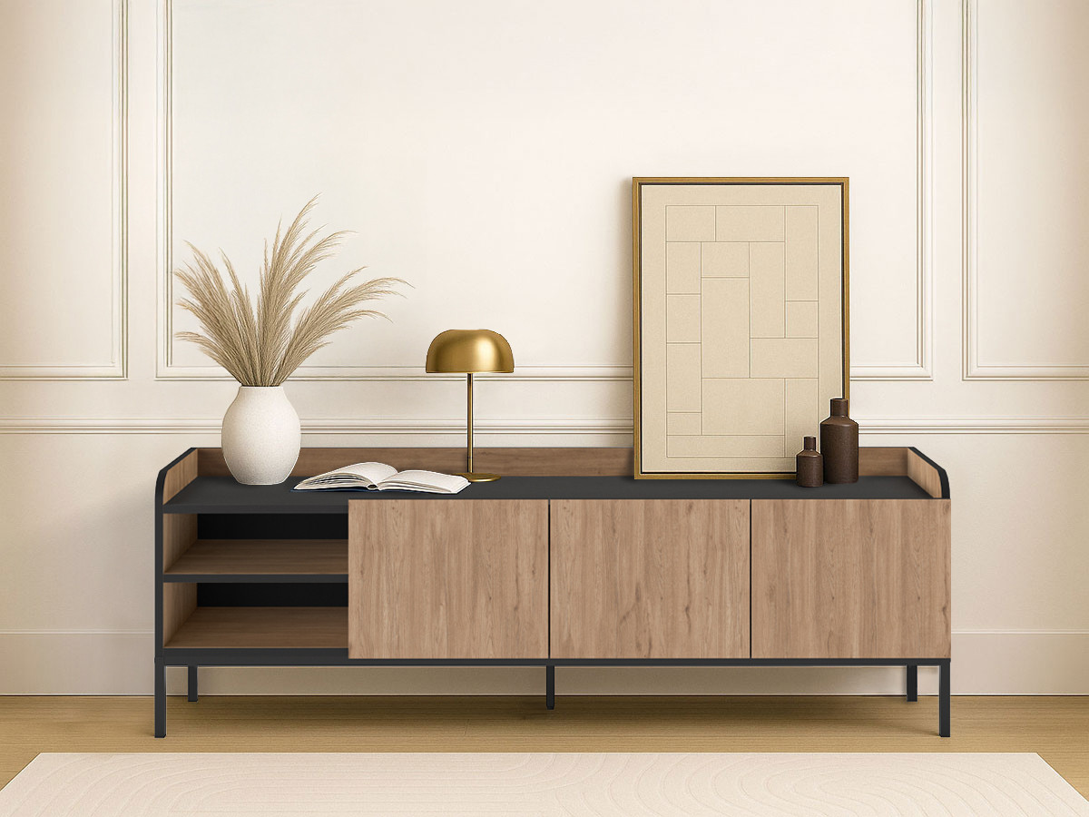 Meuble TV 2 portes 2 niches 160 cm AURIANE pieds métal noir