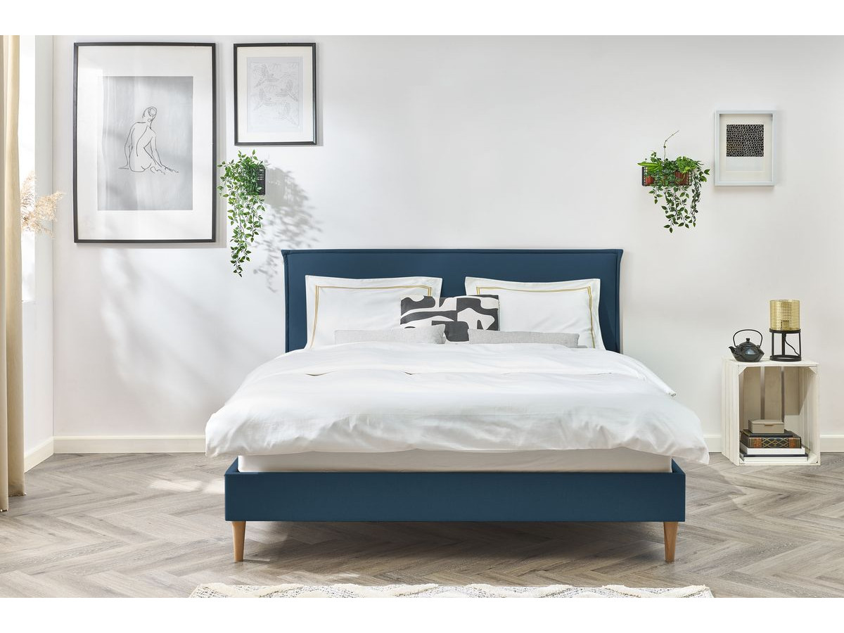 Lit SARY avec lattes massives pieds en bois naturel bleu — vue 4