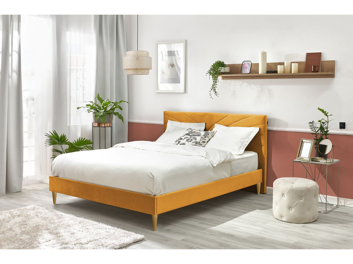 VELVET bed met massieve lattenbodem en poten van natuurlijk hout