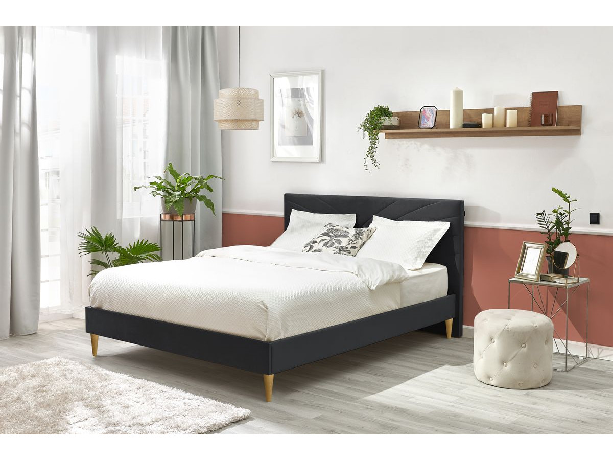 VELVET bed met massieve lattenbodem en poten van natuurlijk hout