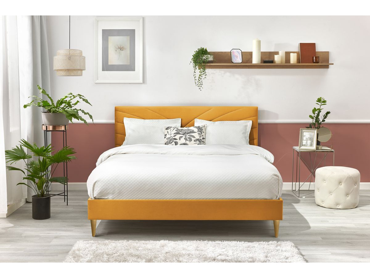 VELVET bed met massieve lattenbodem en poten van natuurlijk hout