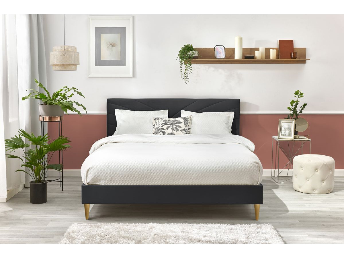 VELVET bed met massieve lattenbodem en poten van natuurlijk hout