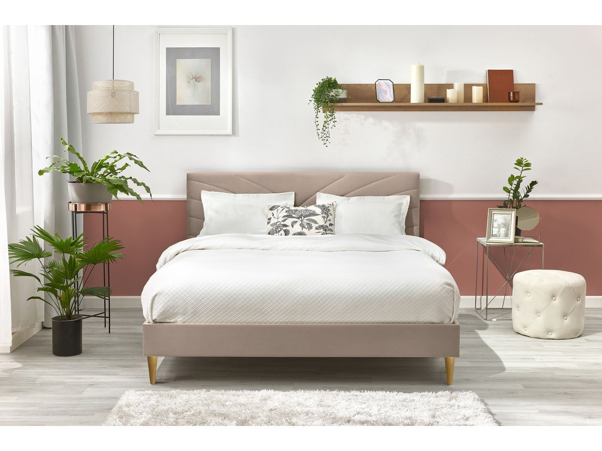 VELVET bed met massieve lattenbodem en poten van natuurlijk hout