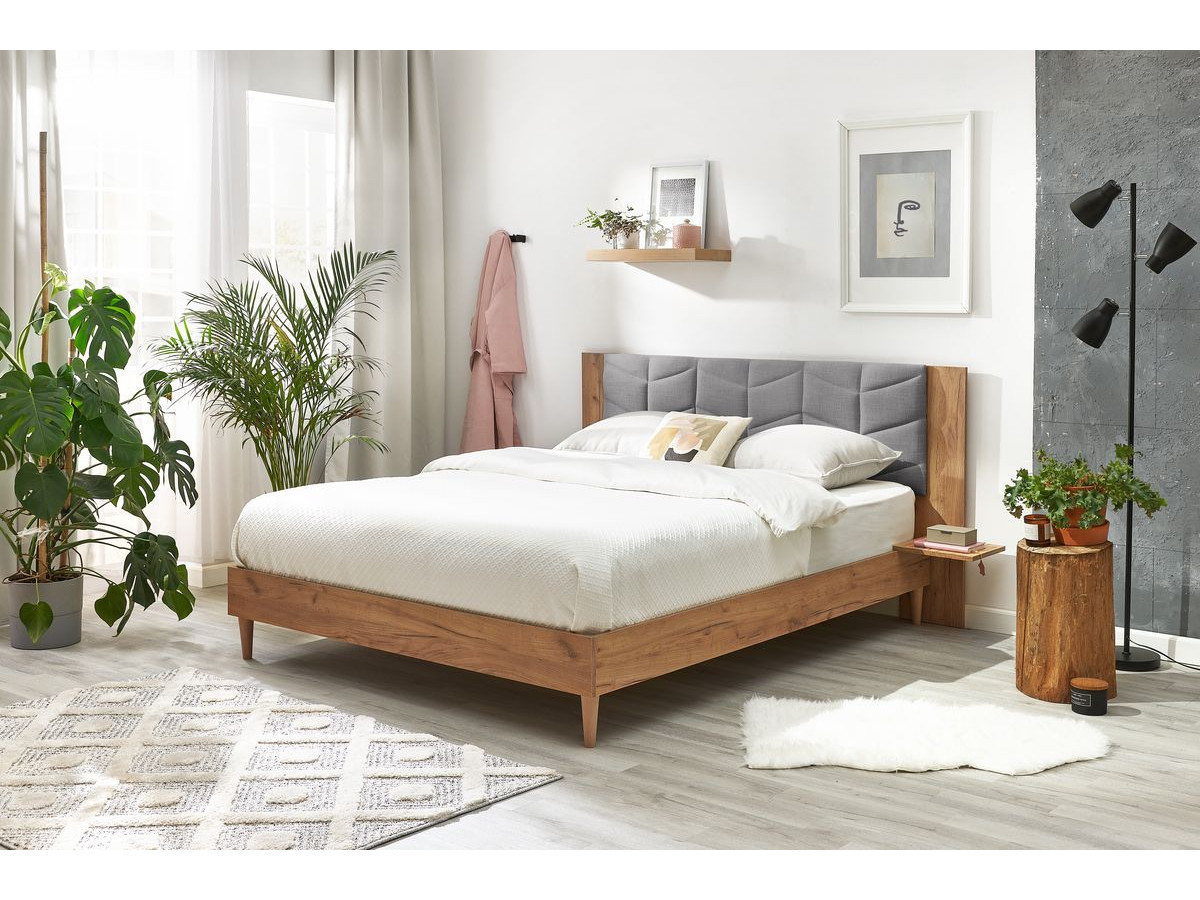 LEONA bed met massieve lattenbodem en poten van natuurlijk hout