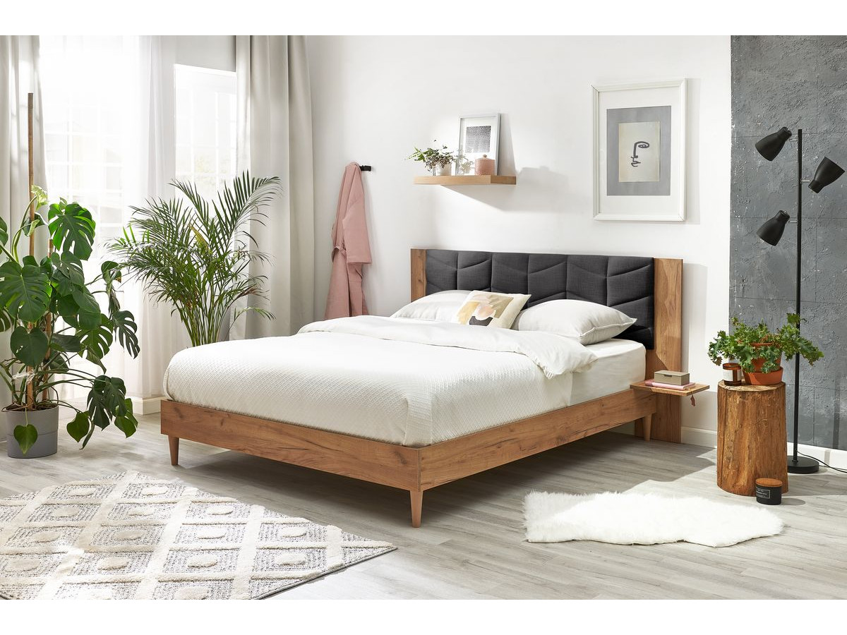 LEONA bed met massieve lattenbodem en poten van natuurlijk hout