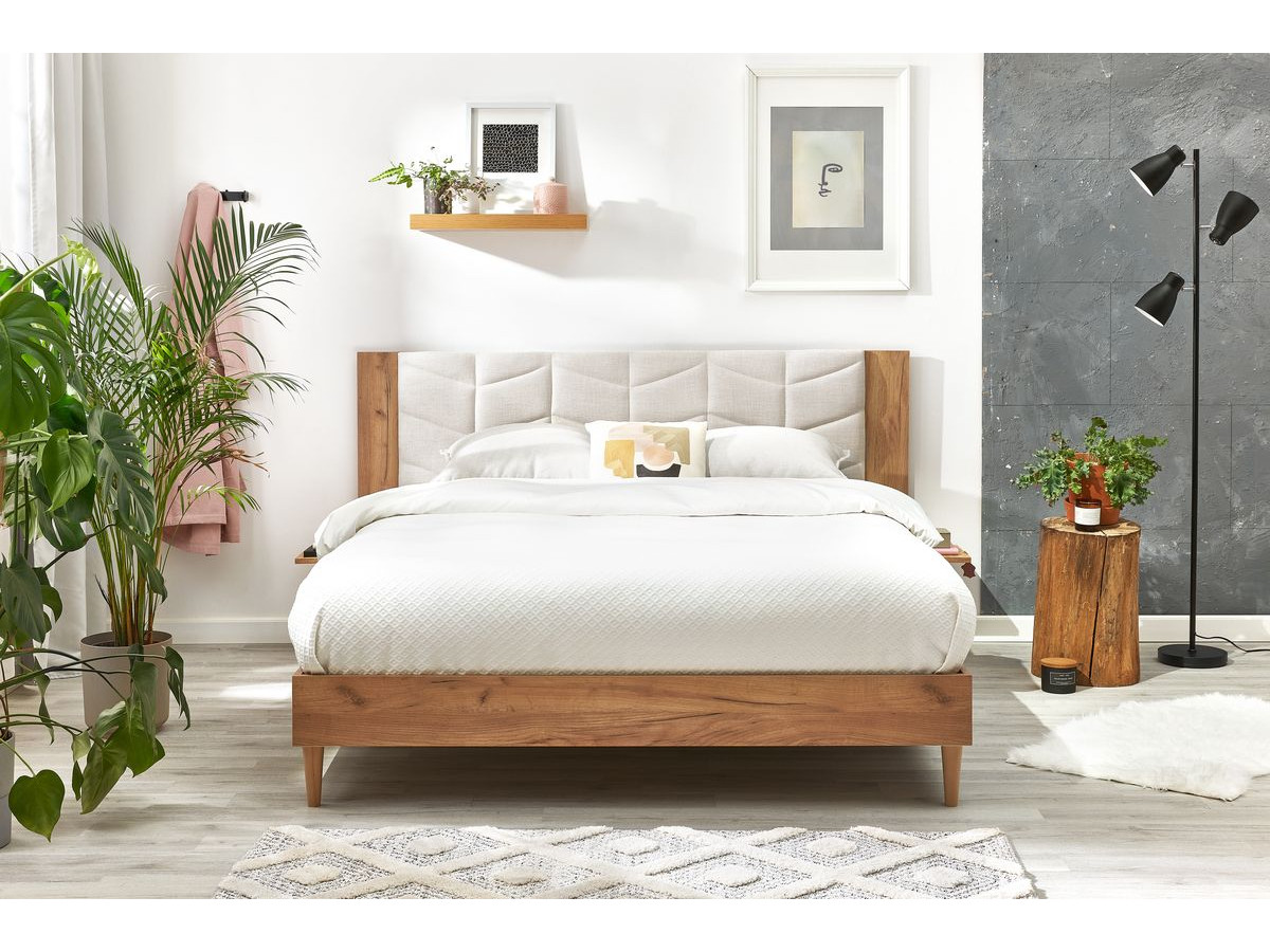 LEONA bed met massieve lattenbodem en poten van natuurlijk hout