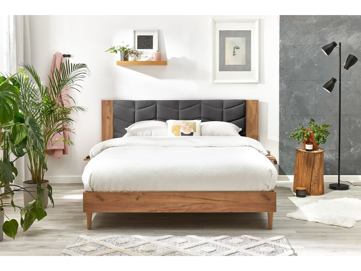 LEONA bed met massieve lattenbodem en poten van natuurlijk hout