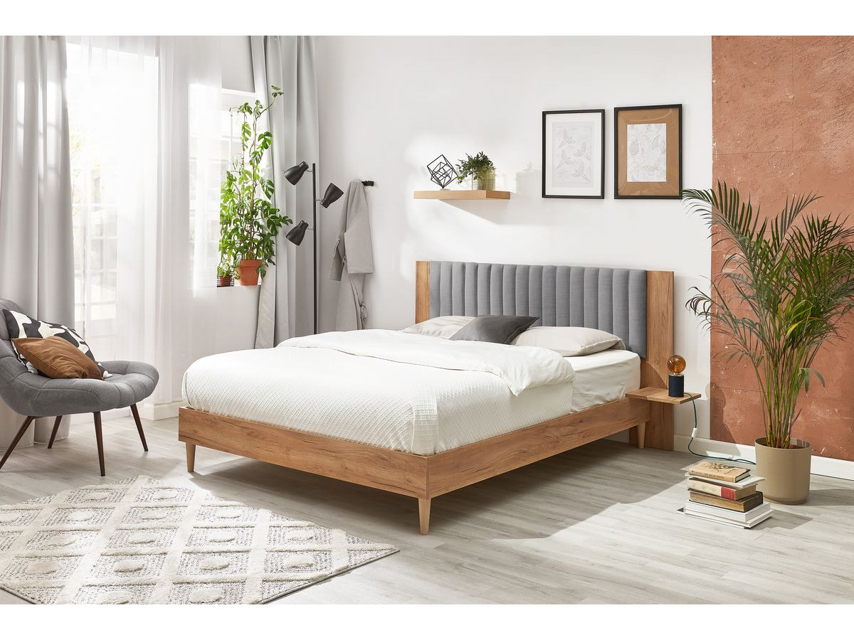 SELENA bed met massieve lattenbodem en poten van natuurlijk hout