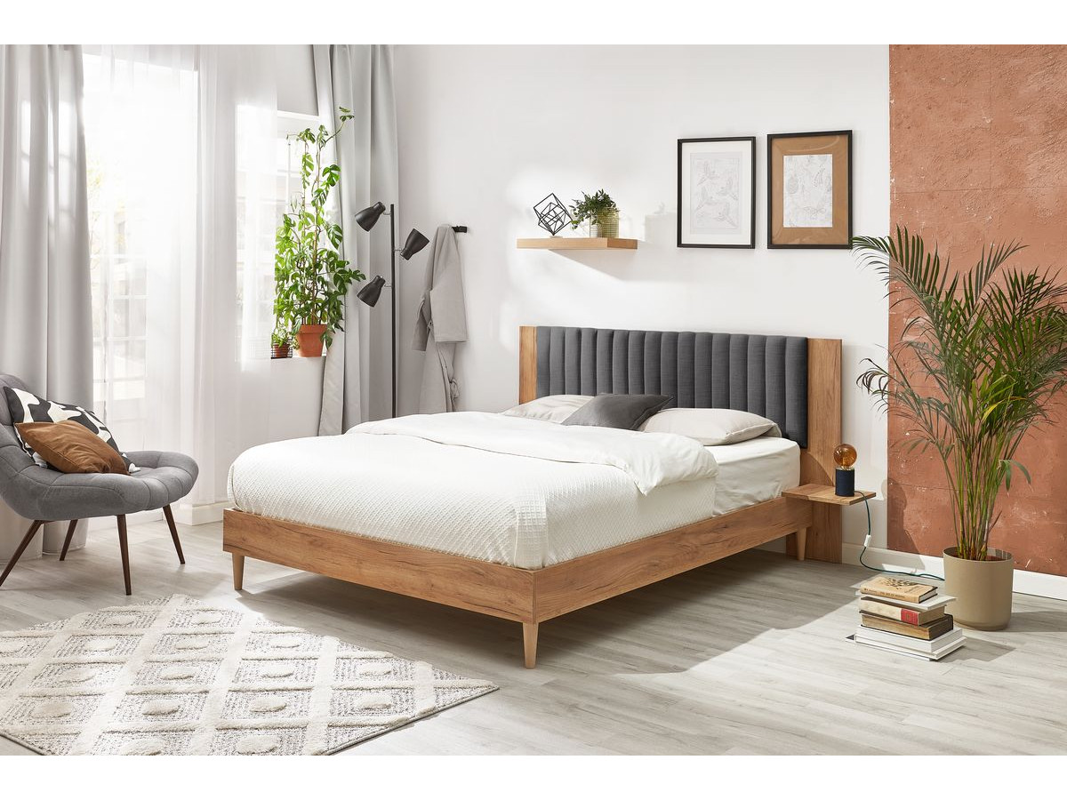 SELENA bed met massieve lattenbodem en poten van natuurlijk hout