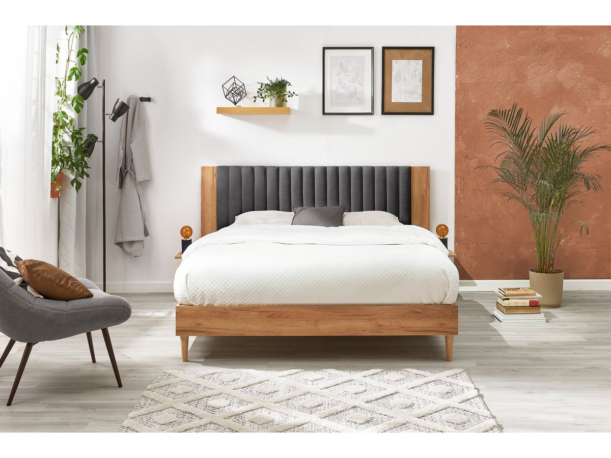SELENA bed met massieve lattenbodem en poten van natuurlijk hout