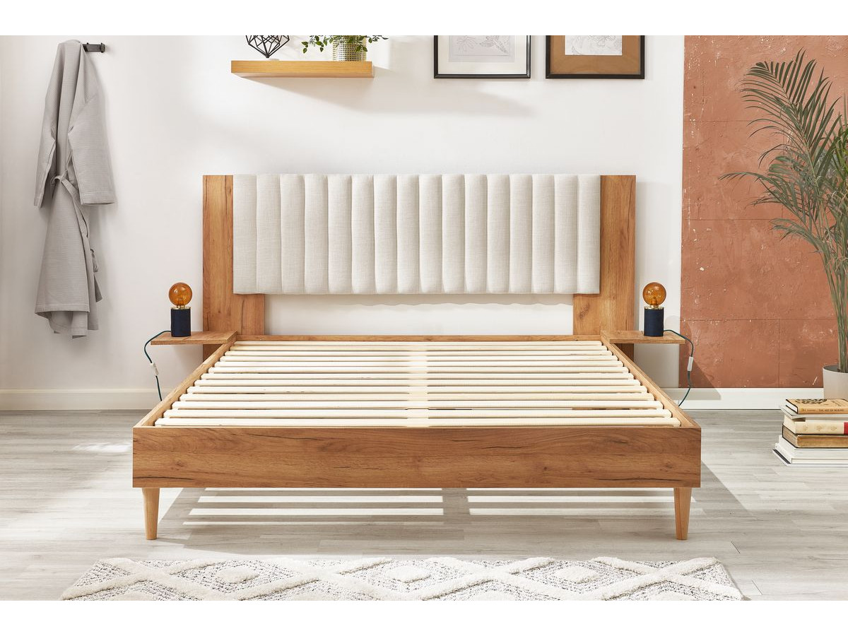 SELENA bed met massieve lattenbodem en poten van natuurlijk hout