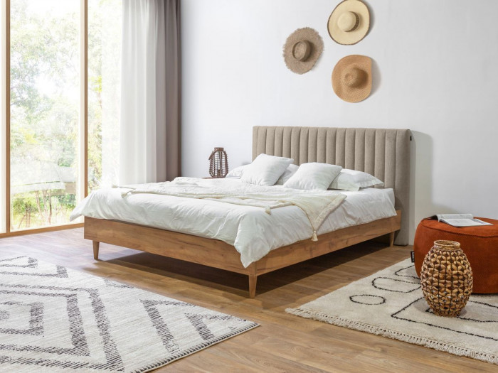 Lit coffre ELEONORE tissu texturé avec tablettes chevets