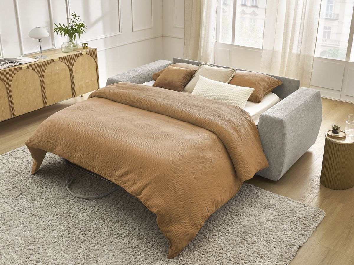 Canapé d'angle fixe EVEREST tissu chiné - Orange - Angle droit - 10 coussins