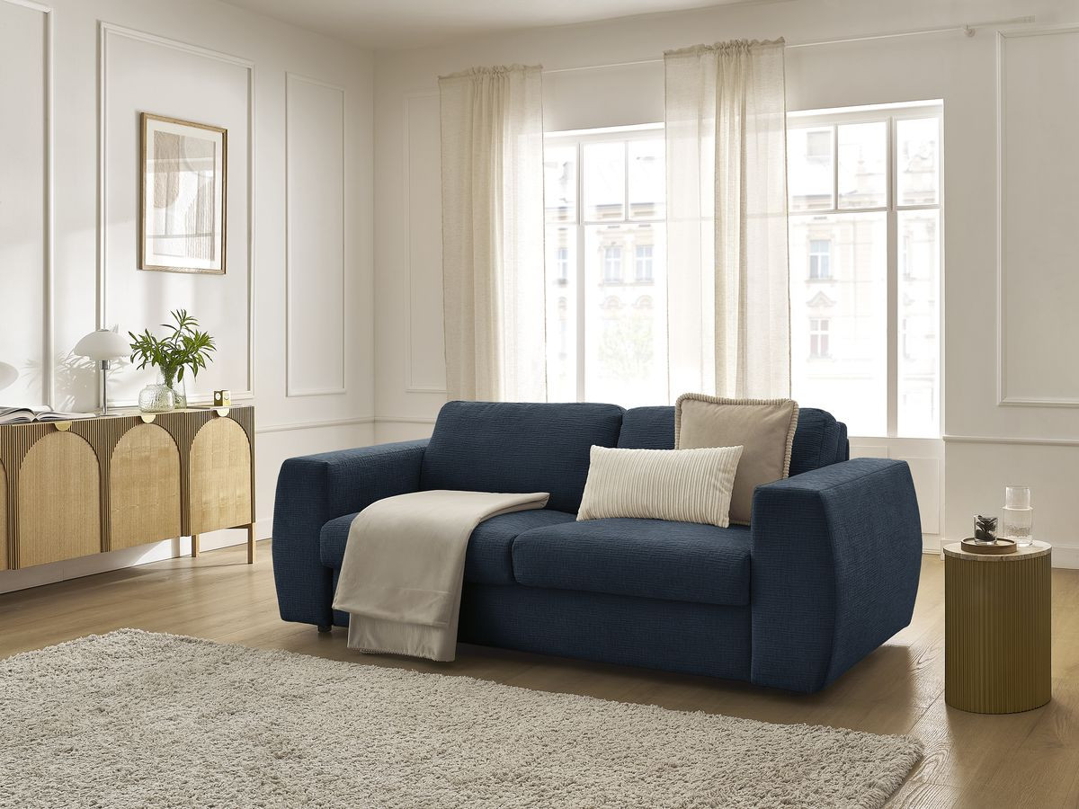 Canapé droit convertible HUGO texturé bleu foncé