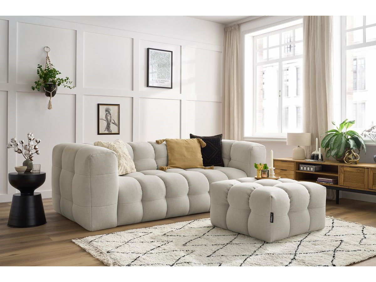 Canapé droit convertible 3 places CLOUD tissu lisse avec pouf