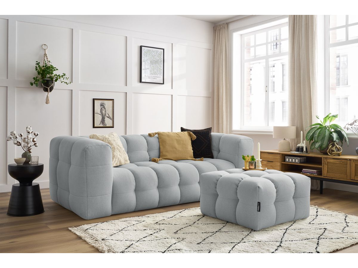 Canapé droit convertible 3 places CLOUD lisse avec pouf gris clair