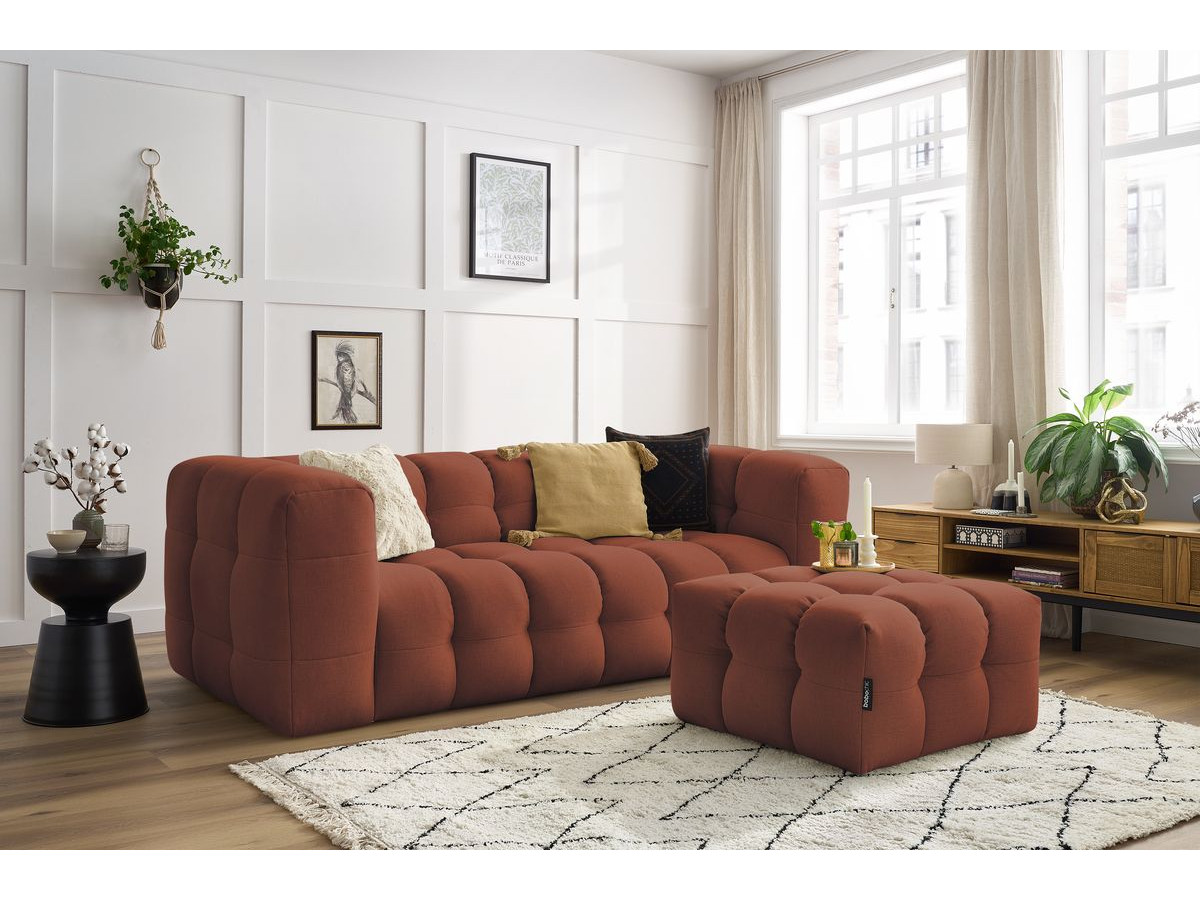 Canapé droit convertible 3 places CLOUD lisse avec pouf orange