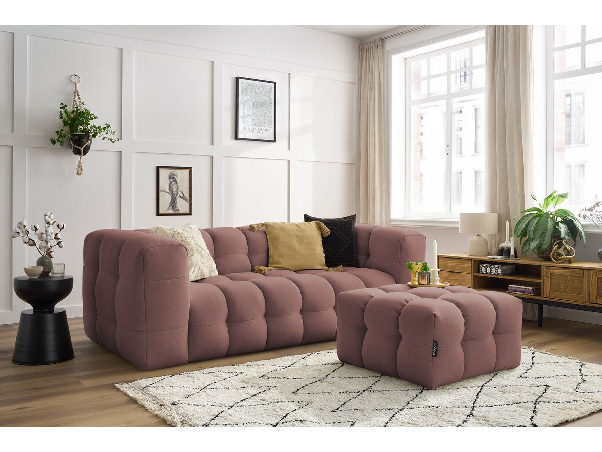 Canapé droit convertible 3 places CLOUD lisse avec pouf rose