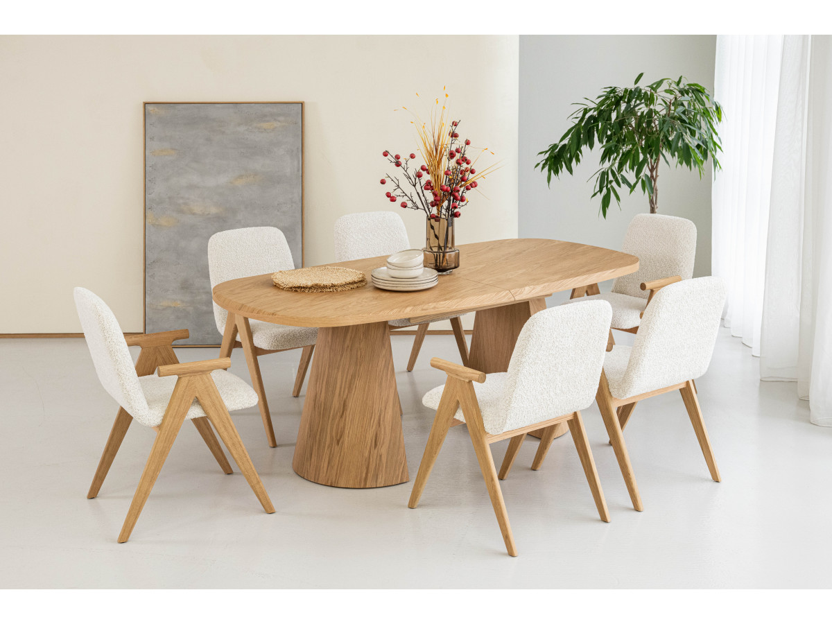 Table à manger extensible rectangulaire arrondie 200 à 300 cm MAZARGUES placage chêne massif