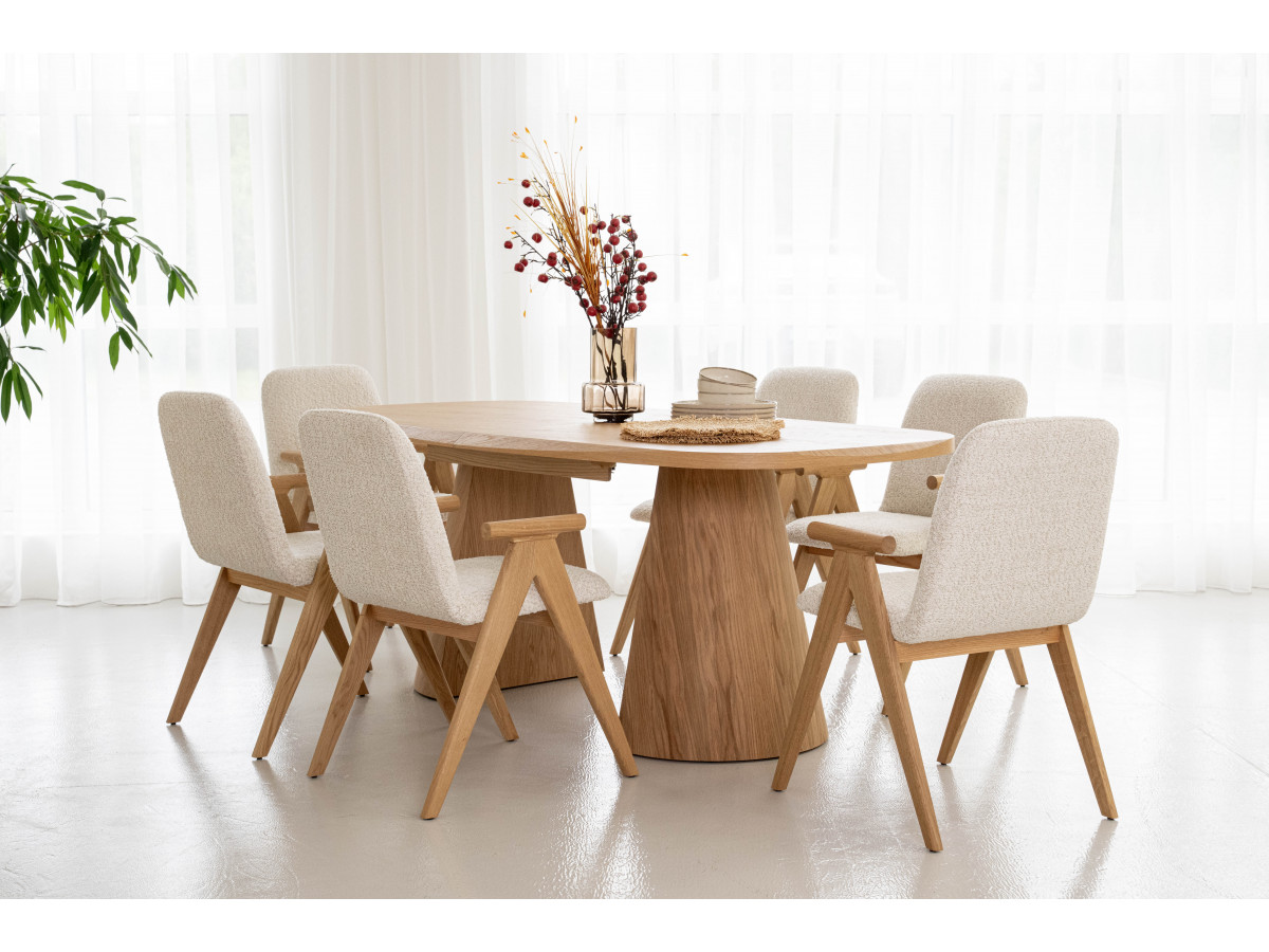 Table à manger extensible rectangulaire arrondie 200 à 300 cm MAZARGUES placage chêne massif