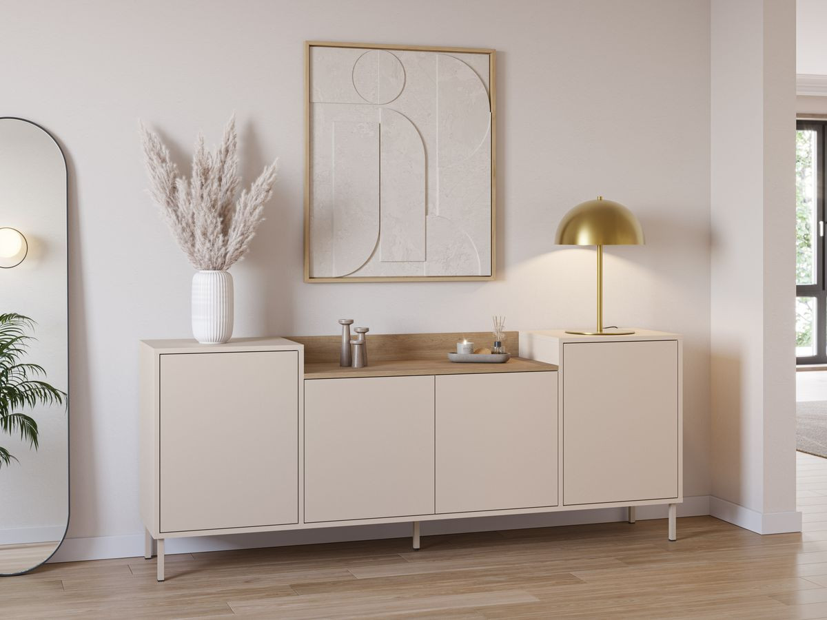 Buffet 4 portes 200 cm LINO plateau effet chêne et pieds métal