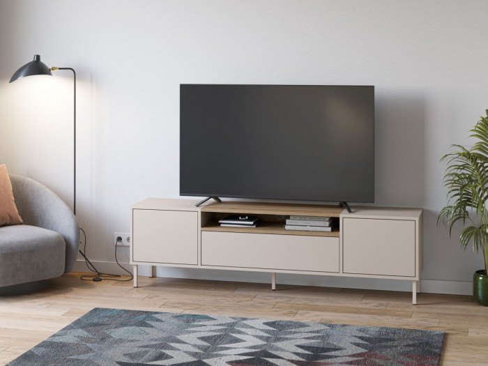 Meuble TV 2 portes 2 tiroirs 180 cm LINO plateau effet chêne et pieds métal