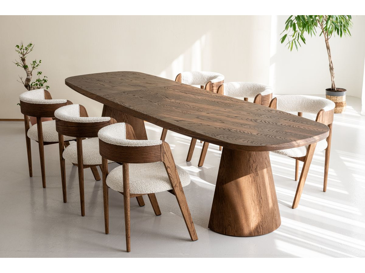 MAZARGUES set met uitschuifbare eettafel 200 tot 300 cm + 6 BASTIDE stoelen in massief eiken fineer