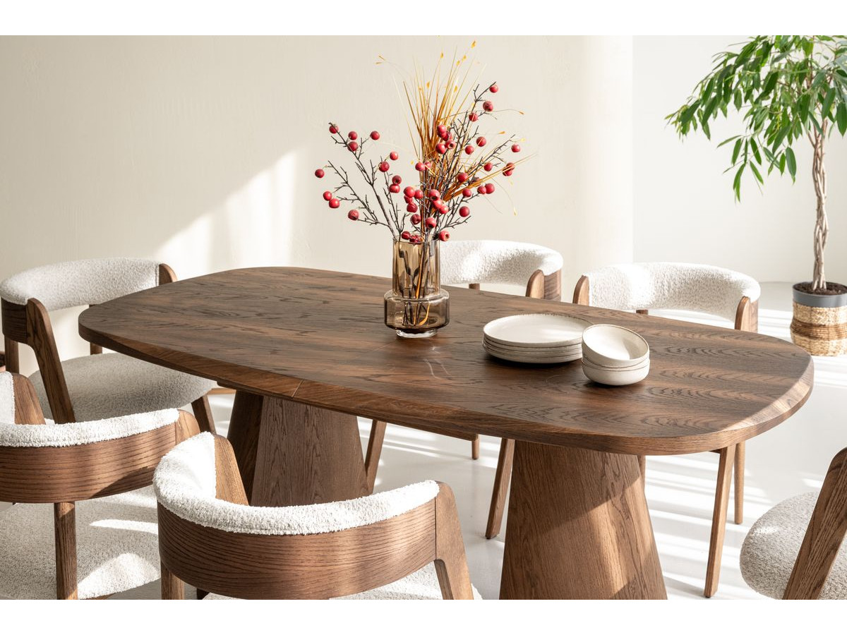 MAZARGUES set met uitschuifbare eettafel 200 tot 300 cm + 6 BASTIDE stoelen in massief eiken fineer