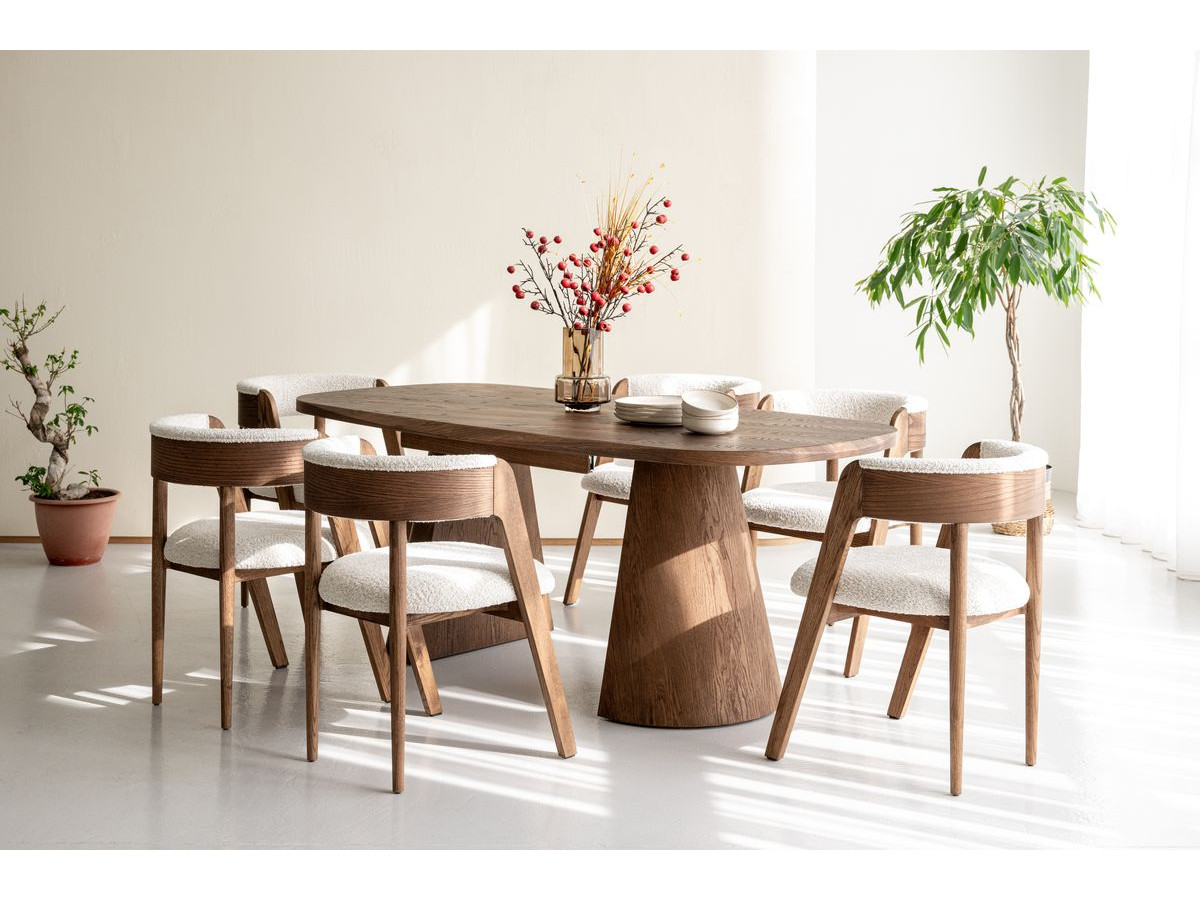 MAZARGUES set met uitschuifbare eettafel 200 tot 300 cm + 6 BASTIDE stoelen in massief eiken fineer